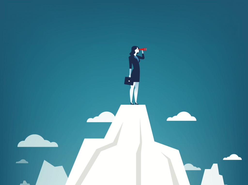 Picture of a business woman standing on top of a mountain, looking into the distance with a telescope.